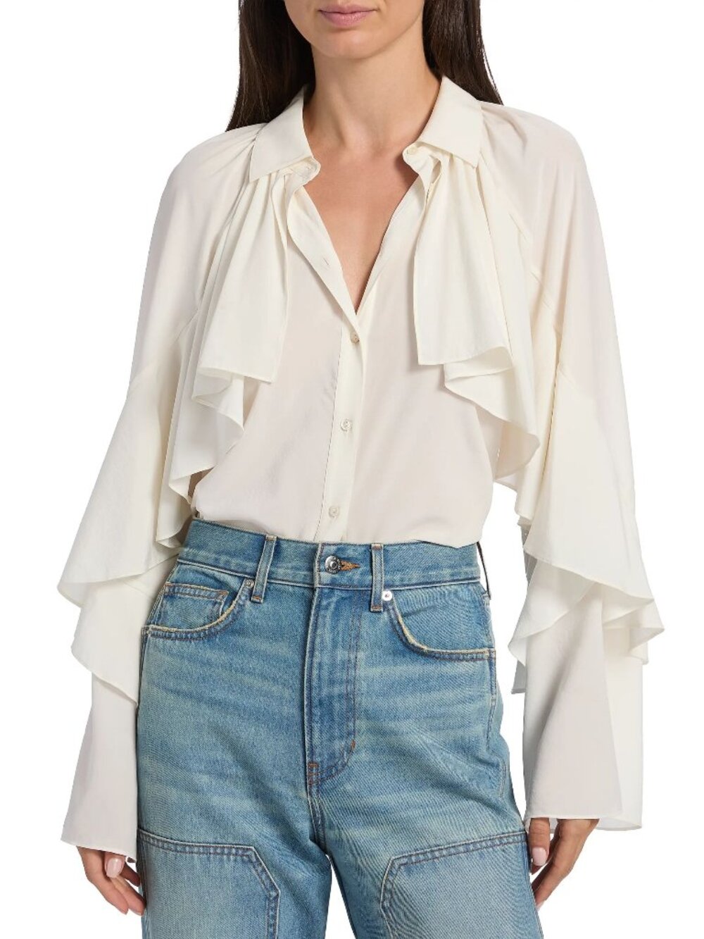 Veronica Beard Demaris Stretch-Silk Ruffled Blouse, Dove White, US 12
